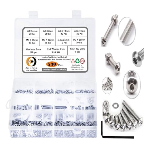 Image of Epi-Torque Stainless Steel 202 Grade Button Head Allen Key Bolt M3 Assortment with Matching Nuts, Washer & Allen Key Pack of 530 Pcs