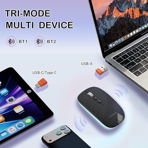 Image of FMOUSE Slim Wireless Mouse, Tri-Mode 2.4G & Bluetooth, Rechargeable - Black | USB-A & USB-C Receiver | Silent Click | One-Key Desktop | Works with Mac, iPad & Laptops | Long-Life Battery | Portable