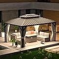 oneinmil Hardtop Gazebo 12FT X 16FT, Outdoor Pergolas with Mosquito Netting and Curtains, Galvanized Steel Double Roof Permanent Aluminum Gazebo, for Gardens, Decks, Patios, Parties