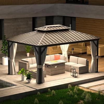 oneinmil Hardtop Gazebo 12FT X 16FT, Outdoor Pergolas with Mosquito Netting and Curtains, Galvanized Steel Double Roof Permanent Aluminum Gazebo, for Gardens, Decks, Patios, Parties