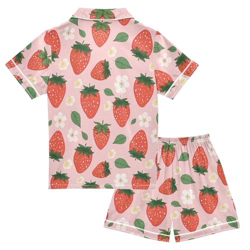 ALAZA Green Leaves Strawberry Flower Pajamas Satin Pajama Set Short Sleeve Button Down Sleepwear2