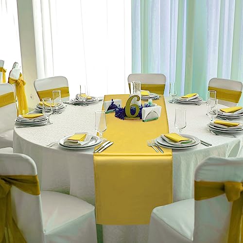 Image of 12 Pack 12x108 Inch Satin Table Runner and 84 Inch Round Plastic Tablecloths Set White and Gold Disposable Round Table Cover for Graduation Wedding Bridal Shower Anniversary Birthday Party Decorations