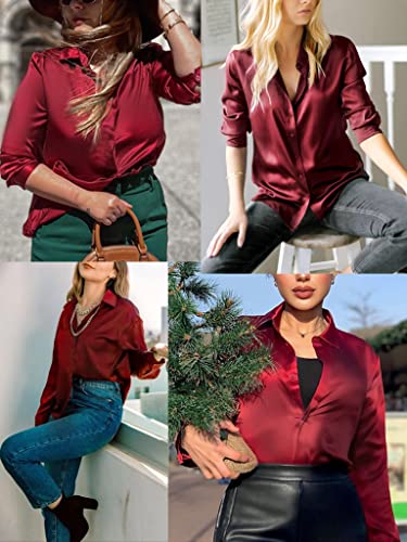 HOTOUCH Women Satin Silk Button Down Shirt Ladies Long Sleeve Tops V Neck Loose Blouse Dressy Business Casual Work Tunic Fall3