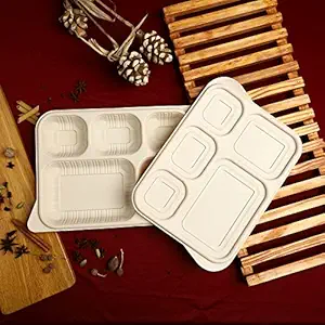 VIK 5 Compartment Disposable Plates with Lid Cover (Pack of 100), 12 x 10 Inches,Corn Starch Section Partition Meal Tray, Party Biodegradable Disposal Thali, Brown
