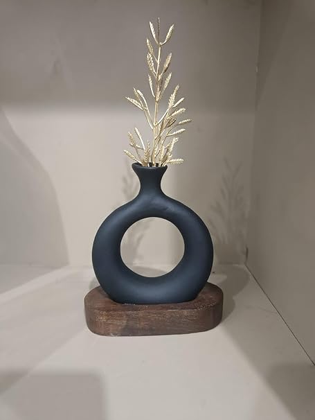 Advance Home DCOR Donut Shape Ceramic Vase - Vases for Home Decor - Ceramic Big Size Pots for Home Decoration, Table Pot for Corner, Waterproof Earthy Matte Finish, 5 Inches, Black