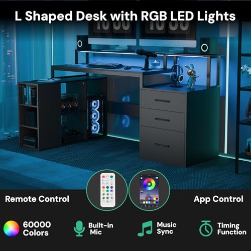 SunsGrove 65.7\" L Shaped Desk with Drawers, Corner Computer Gaming Desk with Power Outlet & LED Light, Office Desk with File Drawer, Monitor and CPU Stand, Black Wood Desk for Home Office