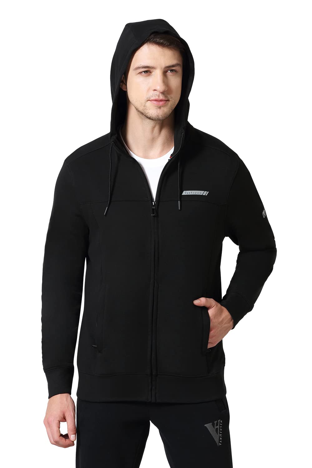 Van Heusen Men Cotton Blend Standard Length Athleisure Smart Tech Hooded Jacket - Easy Stain Release, Anti Stat, Ultra Soft_80004_Black_M 3