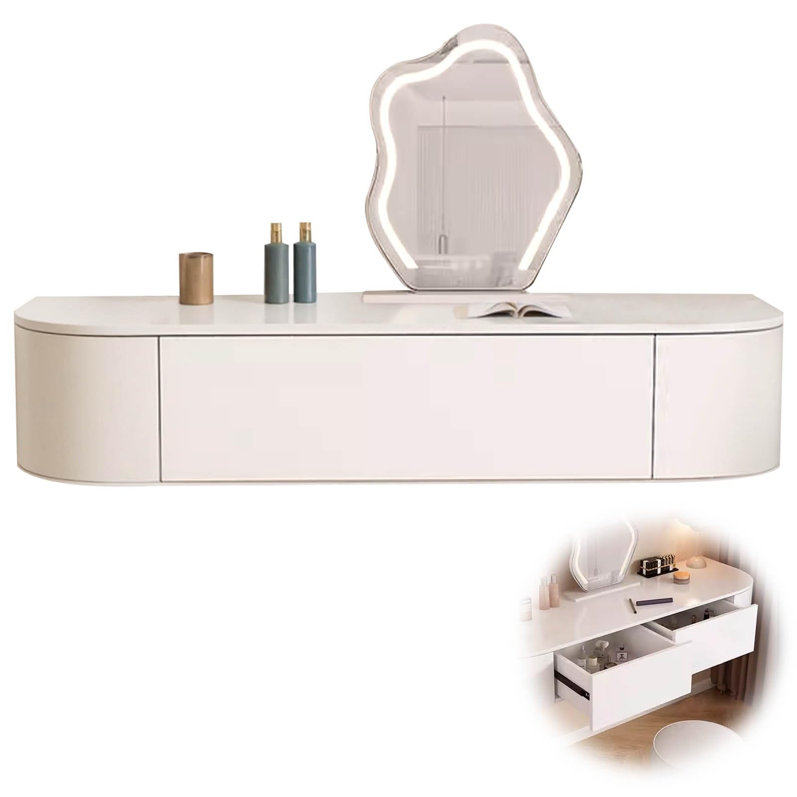 Tocador de maquillaje de pared con luces y cajones para dormitorio pequeño