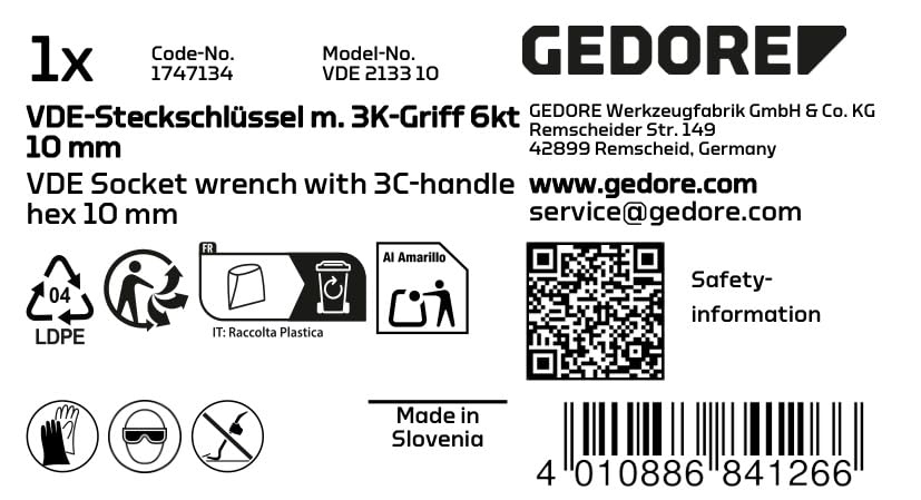 GEDORE VDE Socket Wrench with 3K Handle, Hexagonal, 10 mm, 1 piece, VDE 2133 10, Mkk - Image 2