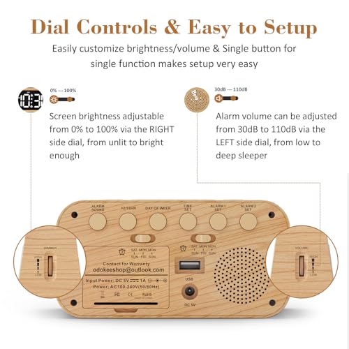 Image of Odokee Digital Dual Alarm Clock for Bedroom, 0-100% Dimmer, Weekday /Weekend Mode, Easy to Set, USB Charger, Adjustable Alarm Volume with 5 Alarm Sounds, Snooze, 12 /24Hr, Battery Backup (Wood Grain)