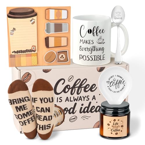 Ithmahco Coffee Lover Gifts for Women Men - Includes Mug Spoon Rest Holder Candle Socks Sticky Notes Set, Coffee Gift Basket for Birthday Galentines Valentines Day Christmas Thanksgiving Gift Ideas