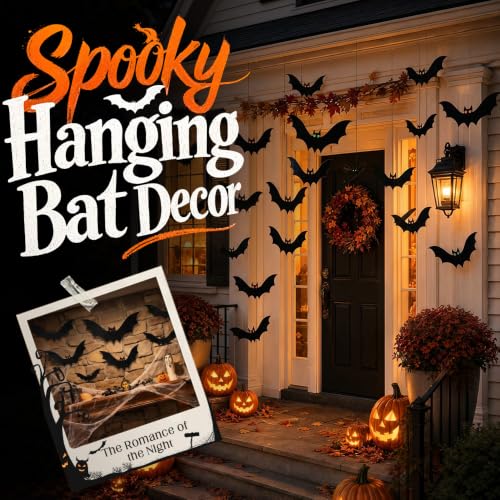 Image of Hanging Bats Halloween Decoration Outside, 2026 New Light Up Bat Decor, Versatile Bat Party Decorations, Removable Bat Decals for Garage Door and Window (12, Red, Small)