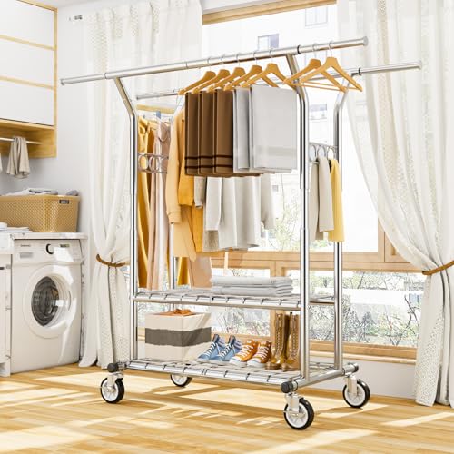 Hyseyy YS-K 1301S Heavy Duty Clothes Rack, Rolling Clothing Rack With Shelves Load 620 Lbs, Double Rod Clothing Racks For Hanging Clothes, Portable& Adjustable Clothes Rack With Wheels Garment Rack thumb #7