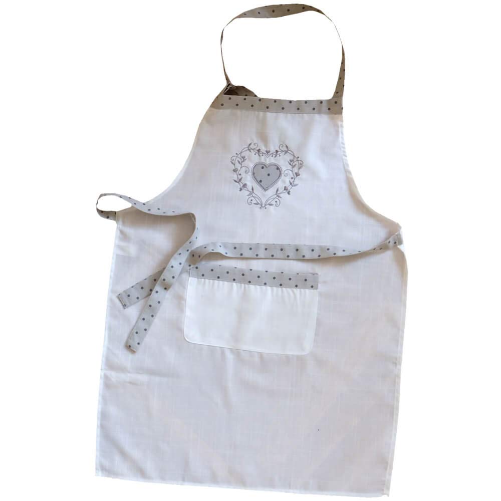 Matches21 Runner Da Tavola Rustico 40x90 Cm – Bianco Crema E Grigio Chiaro Con Ricamo Cuore E Pois – Stile Country Per Tovaglie E Accessori