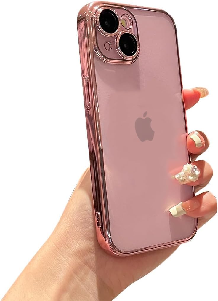 Electroplated Clear Transparent Cover for iPhone 15 Case 6.1 inch Luxury TPU Cover Full Body & Camera Protection for Each Lens Bumper Cases for Men & Women (Rose Pink)