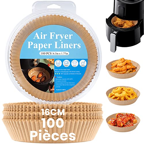 BISNIE Papier Sulfurisé Rond pour Friteuse à Air, 100 Pièces Papier Cuisson Air Fryer Liner Jetable, Antiadhésive Imperméable Air Fryer Parchment Paper pour 2.6-4.7 Friteuse à Air Micro Ondes (16cm) Cover
