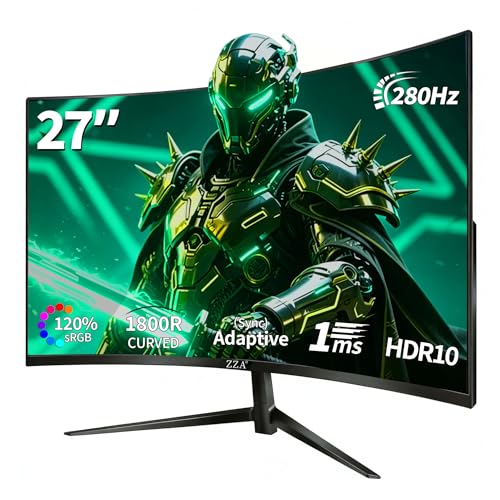Image of ZZA 27'' 280Hz 240Hz Gaming Monitor, Curved Monitor 1800R VA FHD 1080P 1ms, AMD FreeSync Premium, HDR Ready,120% sRGB, HDMI DP, VESA Mountable, Low Motion Blur, Flicker-Free & Low Blue Light
