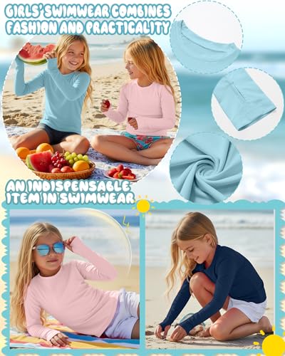 Image of 3 Pack Girls Rash Guard Swim Shirts 5-14Y UV Sun Protection Long Sleeve Thumb Hole Quick Dry T-Shirts UPF 50+ Tees