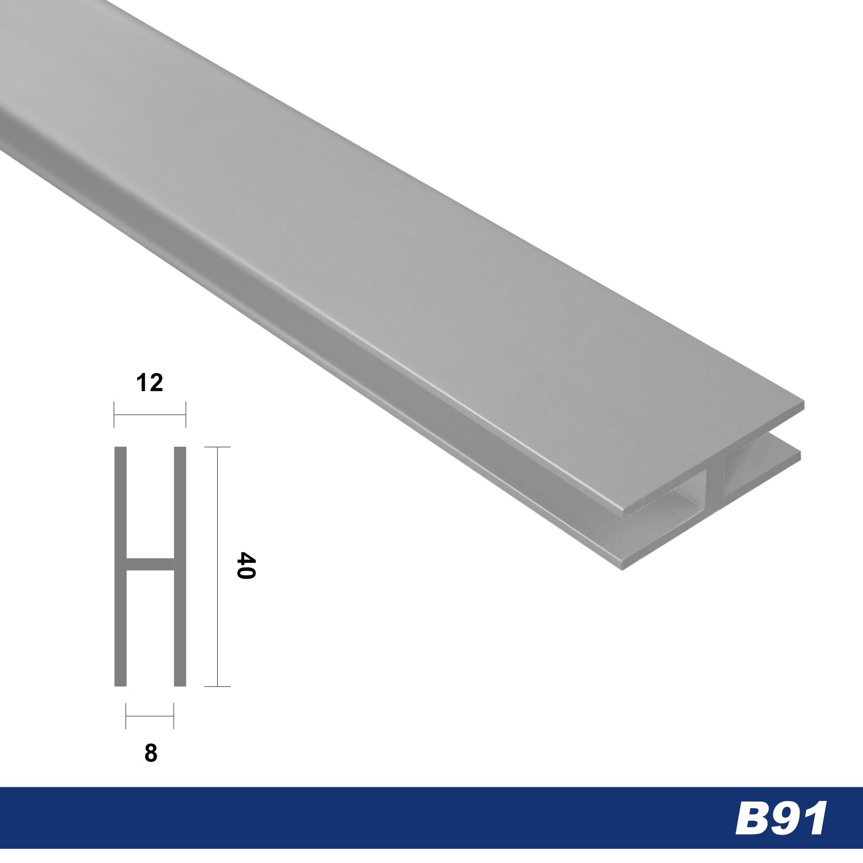 2 metros | Perfil H | Alu | anodizado | 40x12mm | Efector | B91 | plata