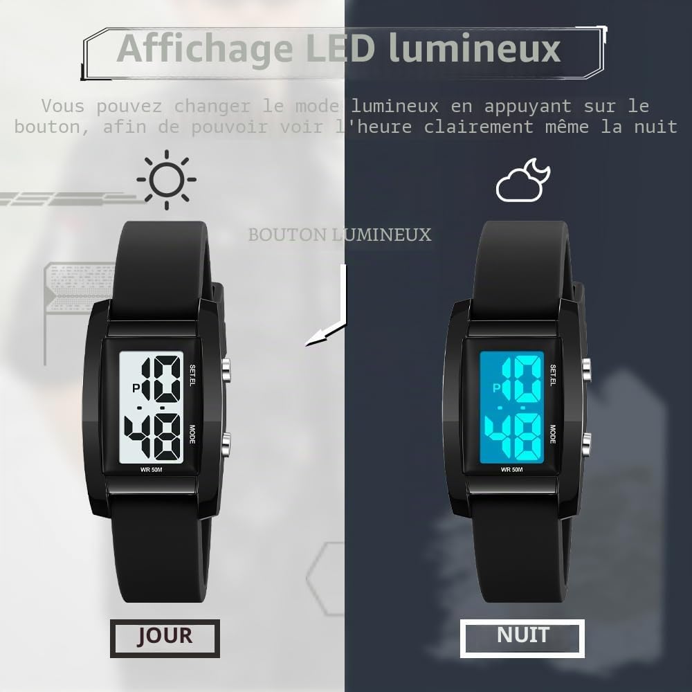 findtime Montre numérique étanche pour femme - Montre de sport à grands chiffres - Facile à lire avec rétroéclairage LED