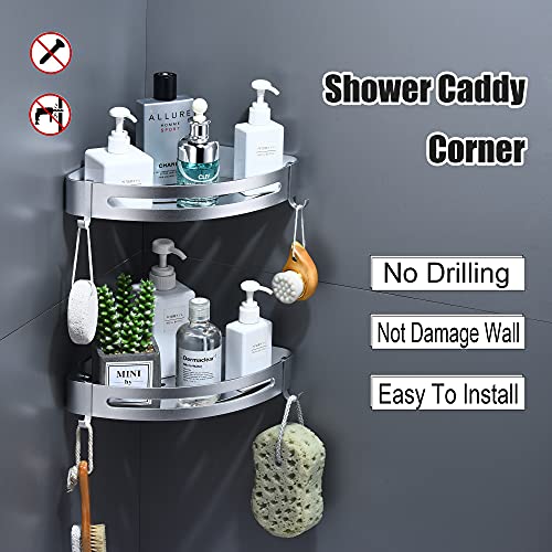 Maifey Corner Shower Caddy Wall Mounted Shower Shelves No Drilling, Metal Bathroom Shelf With Hooks, Shower Storage Organizer (2 Tier, Bright Silver) #TOP1