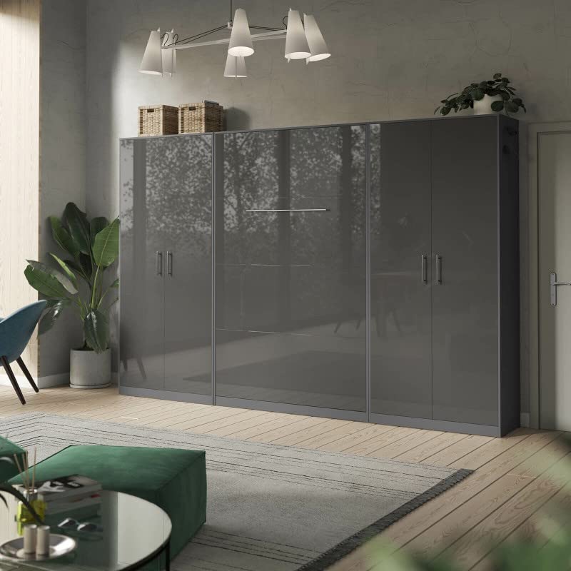 BB Loisir Lit escamotable+2 Placards Vertical 160x200cm+(100x2) cm Matelas Lit Rabattable Supérieur Confort Anthracite/Anthracite Brillant