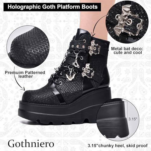 Gothniero Platform Goth Ankle Boots for Womem Black Holographic Combat Chunky Heel Boots with Side Zip Lace Up Wedge Booties US5.5-112