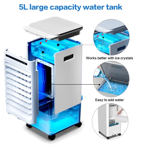 Climatiseur Mobile Silencieux, Fychuo 4 en 1 Refroidisseur d'air Climatiseur Portable, Purificateur, Humidificateur, Ventilateur avec Roues et Réservoir d'eau 5L, 3 Mode & Vitesses, Minuterie 1-7H - Image 7