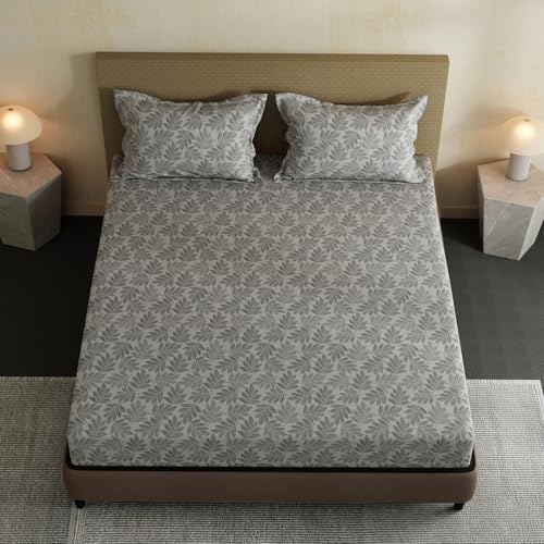 Image of Layers 100% Cotton Bedsheet for Double Size Bed | Lumina Floret Collection | 144 TC Soft & Breathable | Floral Print with 2 Pillow Covers | Wrinkle Free & Colorfast | 3 Piece Bedding Set - Grey