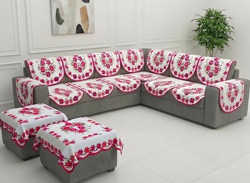 Image of Fab Nation Sofa Cover L Shape 6 Seater with Corner L Type Fully Covered Sofa Set for Living Room | Cotton Sofa Slipcovers for 3 + 3 Seaters Cover with 2 Arms + 2 Setty Covers | Floral Pink