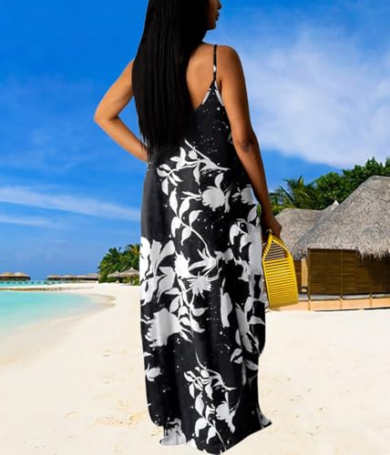 Image of Summer Dresses for Women Spaghetti Strap Beach Floor Length Maxi Sundresses | Floral Print,Casual,with Pockets
