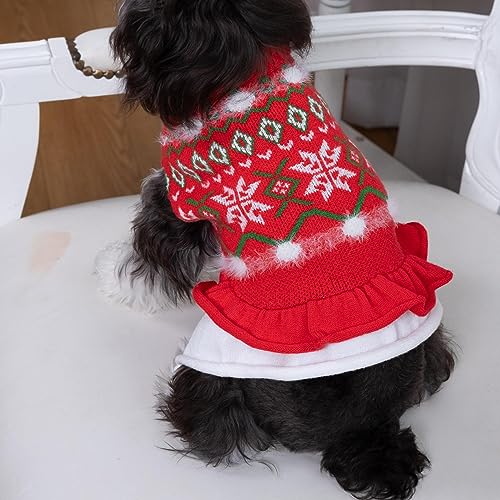 CuteBone Weihnachten roter Hundepullover Kleid Schneeflocke Welpe Wintermantel Hund Rüschenkleid Katzenbekleidung mit Loch für die Leine für kleine mittelgroße Hunde DS85L-DE