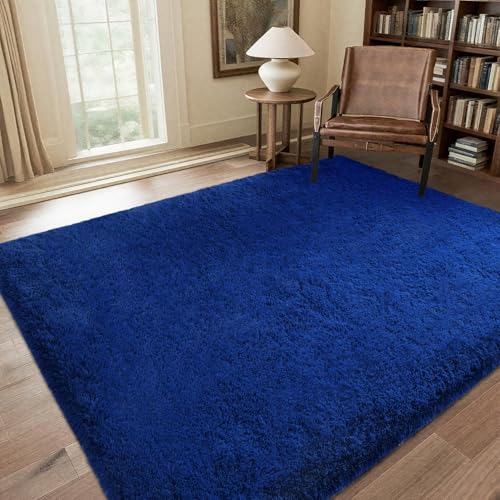 QUINZI Teppich Wohnzimmer Schlafzimmer weicher zotteliger Teppich moderner Flauschiger Teppiche Rutschfester waschbarer (Dunkelblau, 80x160cm)