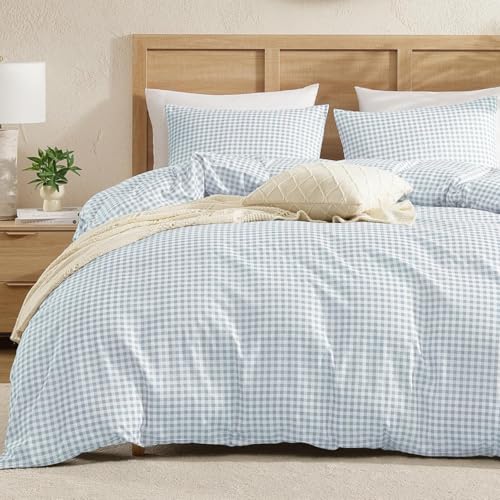 Image of Andency Gingham Duvet Cover Full Size, Blue Checkered Plaid Bedding Set, 3 Pieces Soft Prewashed Polyester Comforter Cover with Zipper Closure & Corner Ties
