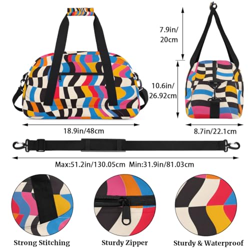 Vintage Colorful Wavy Gym Travel Duffle Bag for Women & Men with Front Zipper Pocket for Sports, Overnight, Weekender, Carry On,Workout & Dance Bag,18.9 * 8.7 * 10.6 in2