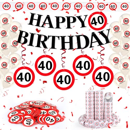 WenmthG 40 Geburtstag Deko Männer Frauen 40. Geburtstag Deko mit Girlande Luftballons Luftschlangen Banner Konfetti - Verkehrsschild zum 40 Jahre Verkehrszeichen 40. Geburtstagsdeko