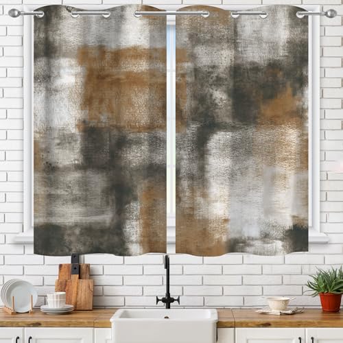 Image of Asuexpect Abstract Kitchen Curtains 2 Panels Abstract Rust Curtain Room Darkening Grommet Window Drapes Modern Decorative Window Treatments, 26x36 Inches, Tan