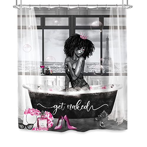 Glawry Sexy Black Girl Shower Curtain African American Woman Bathroom Curtains Set 60Wx72L Inches Get Naked Fashion Afro Lady Grey Pink Floral Bath Accessories Art Home Decor Fabric 12 Pack Hooks #TOP5