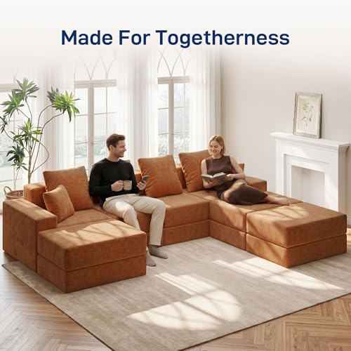 Image of Living&Giving 128 inch U-Shaped Cloud Sectional Couch for Living Room, Cloud Boneless Couch-No Assembly with Reversible Chaise, Customizable 4-Seat Modular Sectional Sofa with 3 Ottoman, Orange