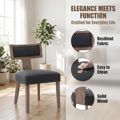 Image of HNY Mid Century Modern Dining Chairs Set of 6, Farmhouse Linen Fabric Upholstered Accent Chairs Curved Nailhead Trim Backrest Kitchen Chairs, with Hardwood Frame, Charcoal