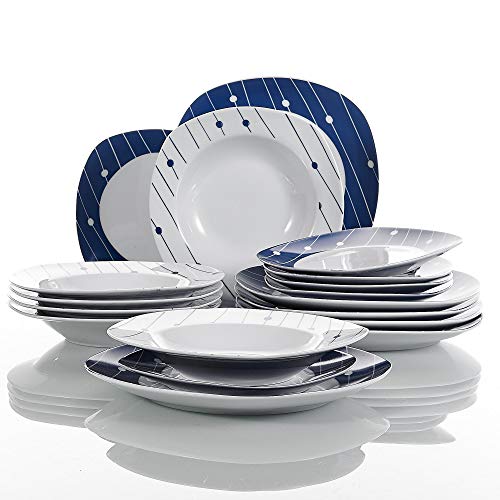VEWEET Dot Juegos de Vajillas 18 Piezas de Porcelana con 6 Platos, 6 Platos Hondos y 6 Platos de Postre para 6 Personas