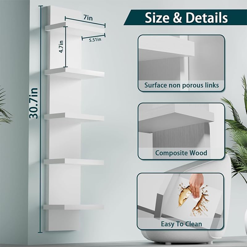 5 tier white wall shelves - vertical column floating storage organizer, tall tower design utility shelving for home decor, bedroom & living room, 30.7" x 31" (white)