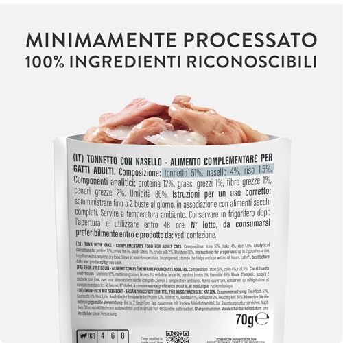 Schesir, Thunfischfilets mit Seehecht in Gelee, ergänzendes Nassfutter für Katzen, Originalrezept, 100% natürlich, 12 Beutel à 70 g