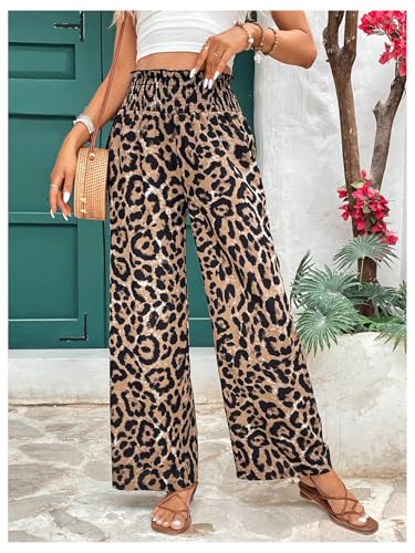 WDIRARA Women's Leopard Print Smocked Elastic Waist Wide Leg Pants Palazzo Pants4