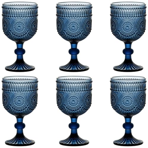 Taganov Blue Water Goblets Wine Glasses Drinking set of 6 Vintage Colored Glassware 12 Ounces Sunflower Stemmed Cups for Wedding Party Bars Restaurants