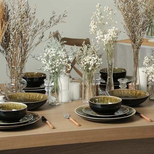 Image of Stone Lain Riley 32-Piece Dinnerware Set Stoneware, Plates and Bowls Set, Dishwasher and Microwave Safe, Dish Set for 8, Black and Green