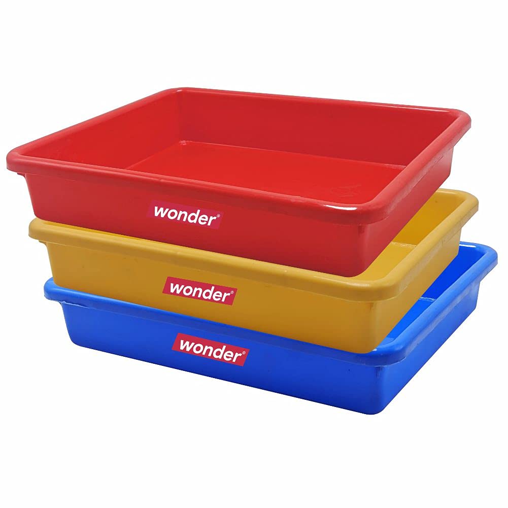 Simply Home Multipurpose Rectangular Small Plastic Trays| Stationary Office Organiser Tray | Strong Plastic Material | Colorful Stackable Storage Trays for Home & Office |Pack of 3 |Red Yellow Blue