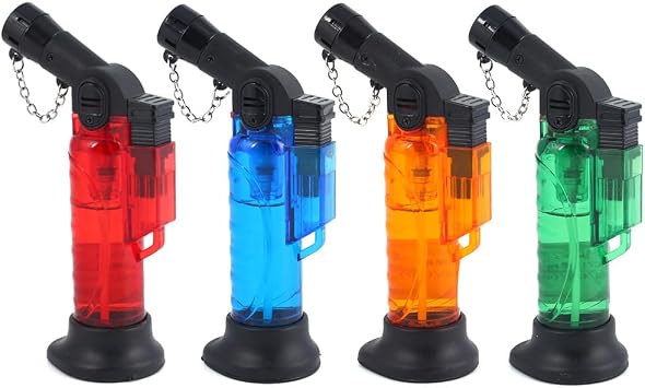 Blow Torch Jet Lighter Windproof Flame Refillable Butane Lighters for Candle BBQ Kitchen Outdoor, 4 Pack, ABS Material, Red Orange Blue Green Butane Included