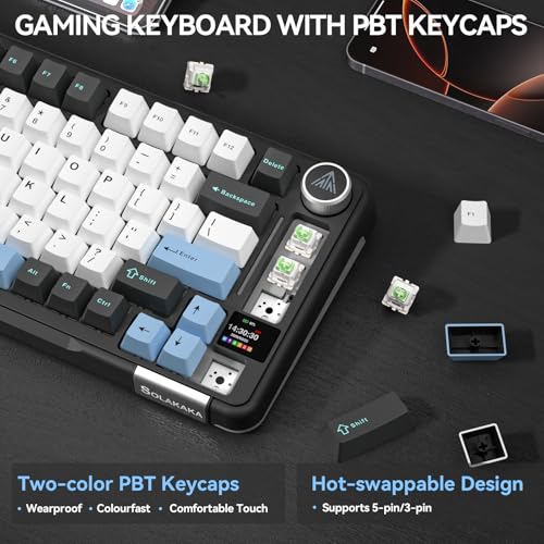 Image of SOLAKAKA A75 PRO Black Gaming Keyboard 75% Wireless Mechanical with Screen and Knob, RGB Backlit Hot Swappable Gasket Pre-lubed PBT Keycaps for PC /Mac /Win