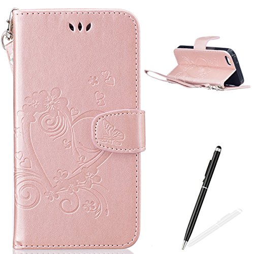 Feeltech Estuche para Apple iPhone 5/5S/SE Corazón en Relieve Patrón de Mariposa Carcasa de Cuero Ultra Delgada de PU Ultra Delgada - Rosa